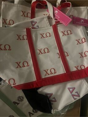 Chi Onega White and Red Canvas Tote Bag with Greek Lettering